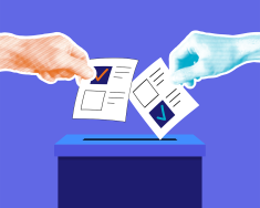 A picture of two hands placing ballots into a ballot box