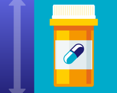 On the left is an arrow pointing up and down, and to the right is a pill bottle with an image of medication abortion on it. 