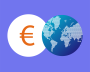 Euro symbol next to a blue globe on a lilac background