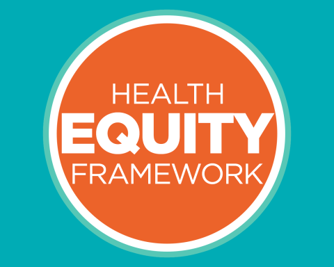 Orange circle that says health equity framework