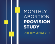 Blue background with three white lines and yellow boxes. Text reads, "Monthly Abortion Provision Study - Policy Analysis"