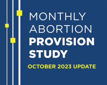 Blue background with three white lines and yellow boxes. Text reads, "Monthly Abortion Provision Study - October 2023 Update"