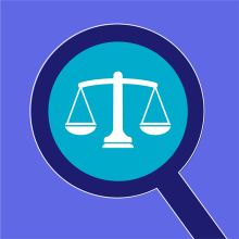 illustration of justice scales behind a magnifying glass