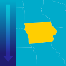 A cut-out image of the state of Iowa with an arrow pointing down