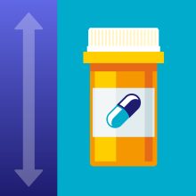 On the left is an arrow pointing up and down, and to the right is a pill bottle with an image of medication abortion on it. 