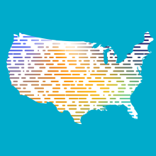 A blue background with a colorful outline of the United States.